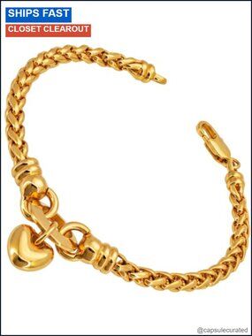 24K Gold Plated Heart Charm Bracelet 4mm Wheat Chain